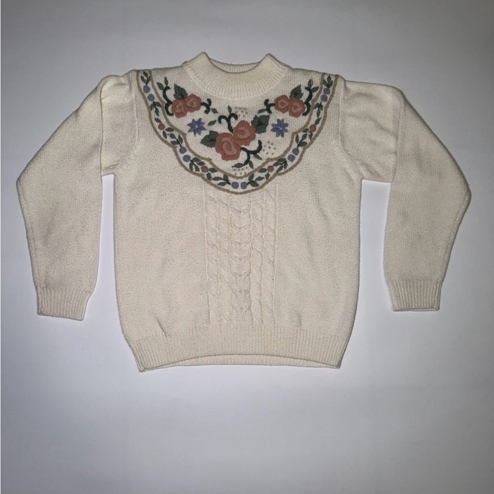Alfred Dunner Cream Sweater with Floral Embroidery